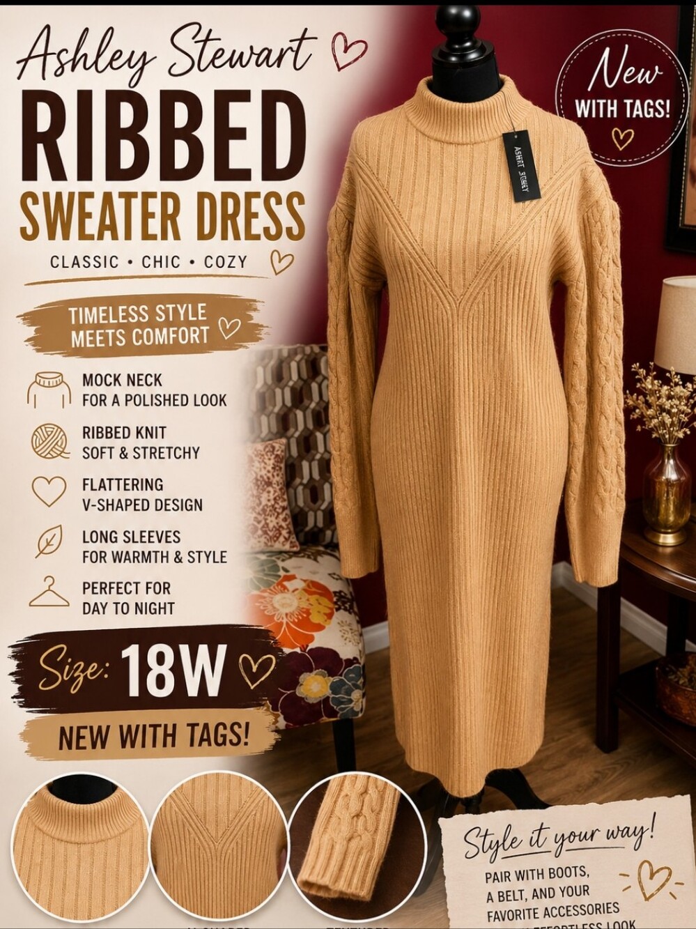 Ashley Stewart Tan Long Sleeve Knit Dress